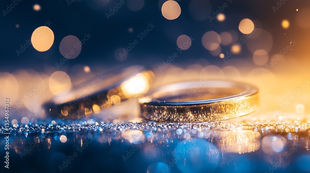 Poster glistening wedding rings on a shimmering surface with beautiful bokeh background : generative ai