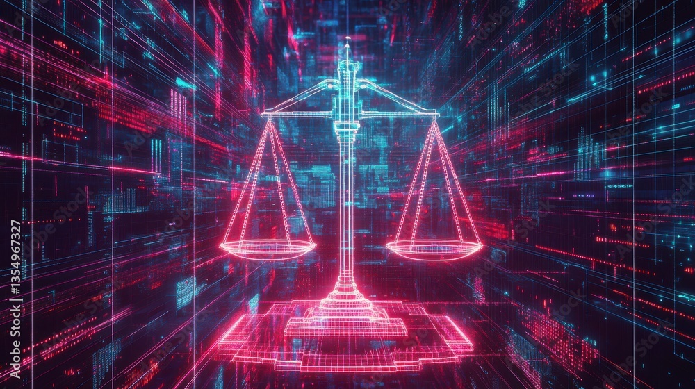 Aufkleber digital scales of justice in a futuristic cyberspace.