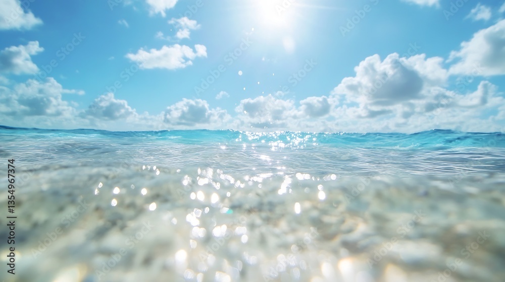 Aufkleber Serene ocean view capturing sunlight dancing on clear water and soft clouds overhead : Generative AI