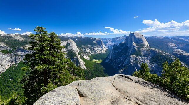 Breathtaking view of granite cliffs and scenic valley at Yosemite National Park under clear blue skies : Generative AI - Powered by Adobe