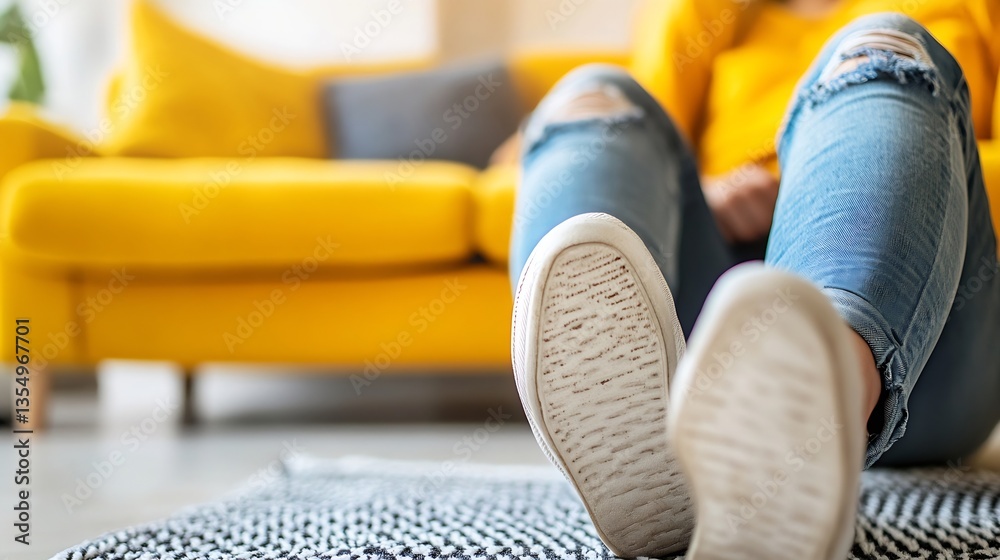 Poster comfortable casual home setting with person relaxing on the floor in cozy jeans and vibrant yellow c