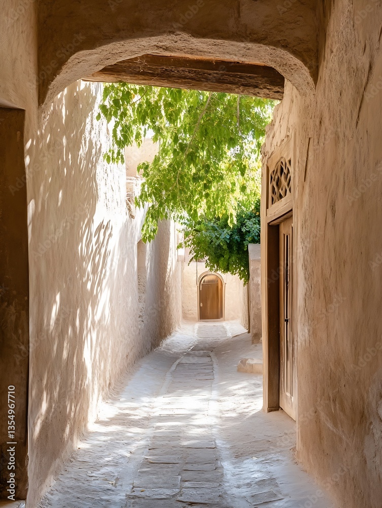 Aufkleber charming narrow pathway with sunlit walls and greenery offering a glimpse into a traditional archite