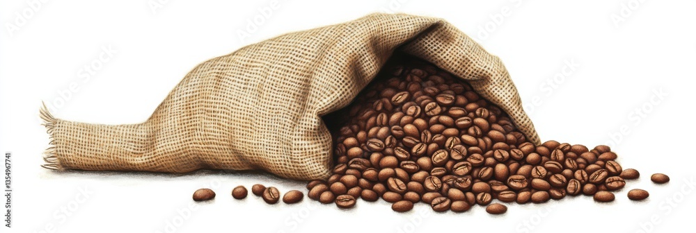 Poster burlap sack overflowing with fresh roasted coffee beans representing coffee production and trade in 