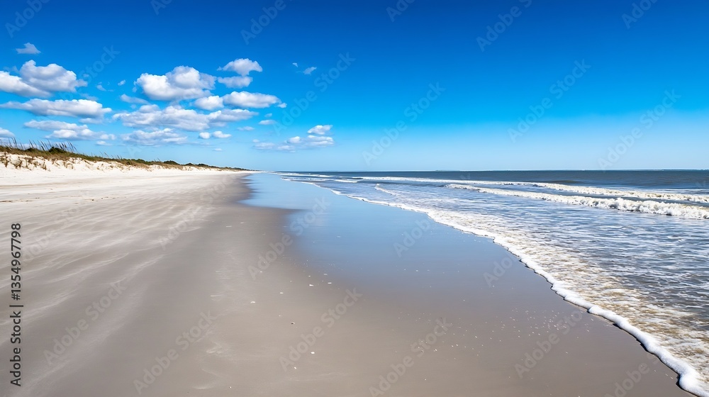 Poster Gorgeous sunny beach view with gentle waves lapping at the shoreline under clear blue skies inviting relaxation and escape : Generative AI