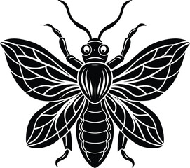 Stylized Black and White Honeybee Illustration, Ornate Wings, Cute Insect Design