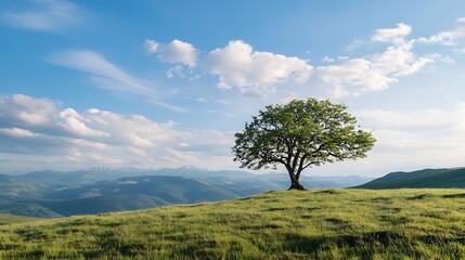 Fototapeta premium Solitary tree standing majestically on a hillside under a bright blue sky with scenic mountains in the distance : Generative AI