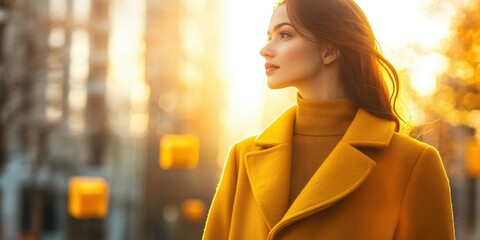 Golden Hour Serenity: A stylish young woman, adorned in a vibrant yellow coat, pauses in a sun-drenched urban landscape, her gaze fixed on a distant horizon, embodying elegance and tranquility.