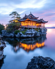 Naklejka premium Lakeside Pavilion Sunrise Reflection