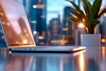 Laptop Cityscape Office Scene