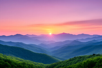 Fototapeta premium Serene sunset over layered mountains, vibrant hues paint the sky and hills
