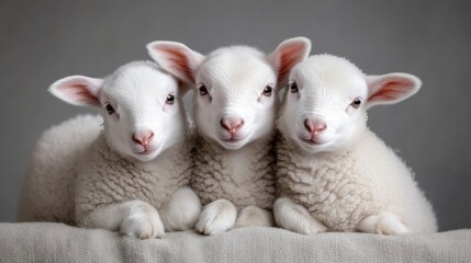 Fototapeta premium Three adorable, fluffy, white lambs in a studio setting
