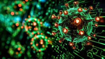 Microscopic View of a Coronavirus on a Circuit Board