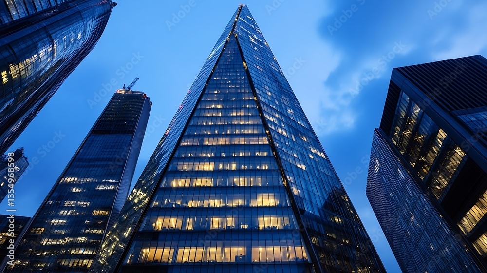 Poster Dramatic View of Modern Skyscraper with Illuminated Windows Against Evening Sky : Generative AI
