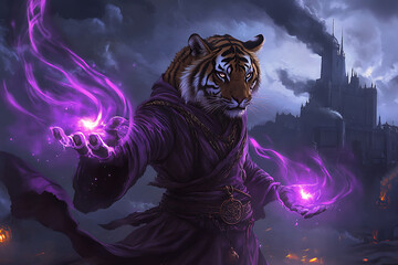 A mystical tiger sorcerer conjures purple energy in a dark, enchanted landscape