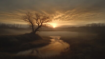 Fototapeta premium Misty sunrise over a tranquil stream, with a lone tree silhouetted against the golden sky
