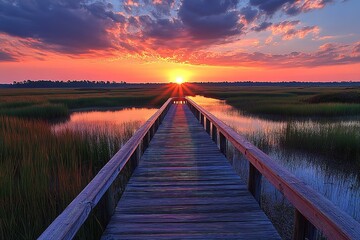 Obraz premium Sunset peace, accessibility, and a close connection between guests and the natural environment are all features of a coastal marsh boardwalk. Generative Ai