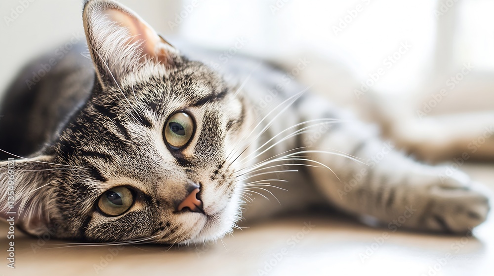 Poster playful and curious tabby cat relaxing comfortably in room with natural light : generative ai