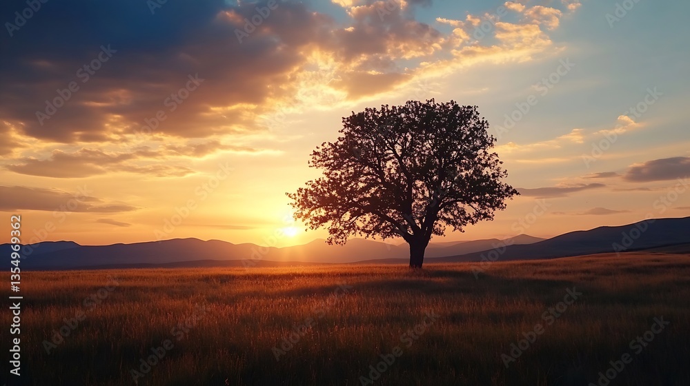 Poster majestic sunset view behind a solitary tree in tranquil open field during golden hour : generative a