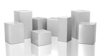 White closed cardboard small boxes. 3d illustration on white background