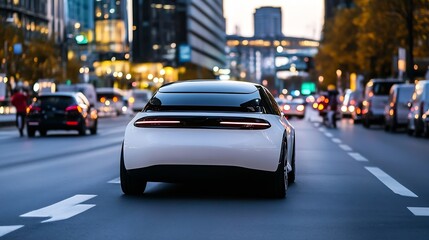 Fototapeta premium Futuristic Electric Car Driving Through City Streets at Night Showcasing Modern Transportation Trends : Generative AI