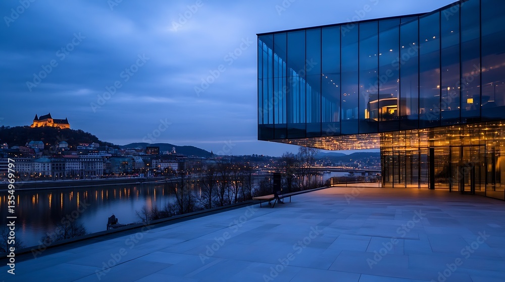 Poster dramatic evening view of a modern glass building overlooking a river with historical castle in backg