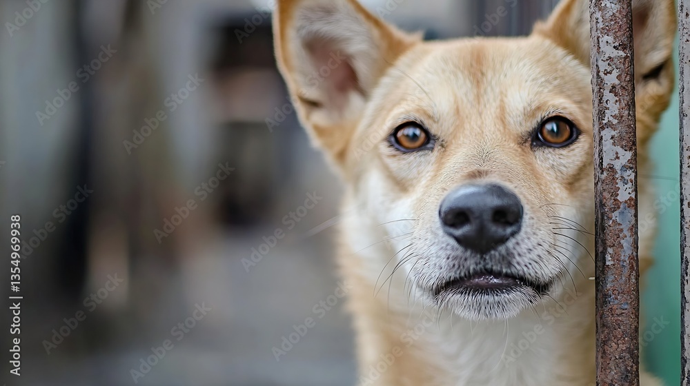 Poster Closeup of an adorable tan dog looking through a fence with an engaging gaze in a rustic setting : Generative AI