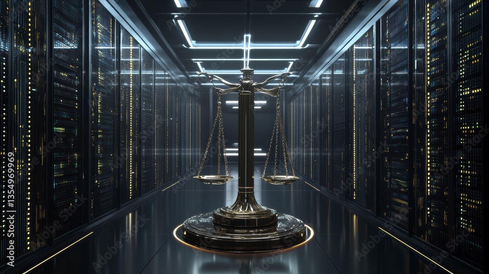 Aufkleber futuristic server room with scales of justice at center, representing cybersecurity and data privacy