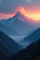 Soft golden light filters through misty veil on mountain peaks at dusk, night sky, tranquil, dusk