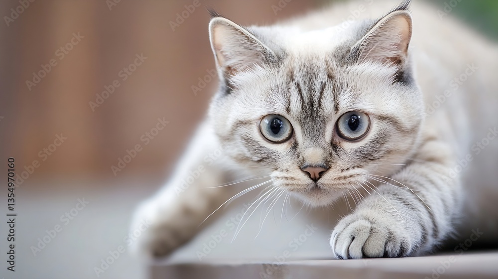Poster curious cat with striking blue eyes in a playful pose on a wooden surface : generative ai