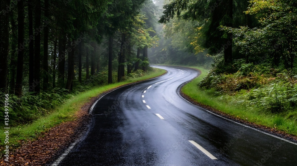 Poster A winding road through a lush green forest on a rainy day with a misty atmosphere creating a serene experience : Generative AI