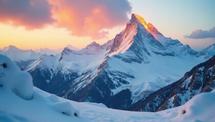 Obraz premium Soft golden flames dance across a snowy mountain, snowy, majestic, rugged