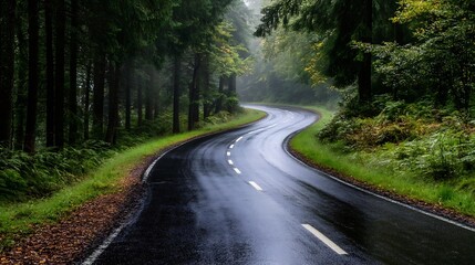 Obraz premium A winding road through a lush green forest on a rainy day with a misty atmosphere creating a serene experience : Generative AI
