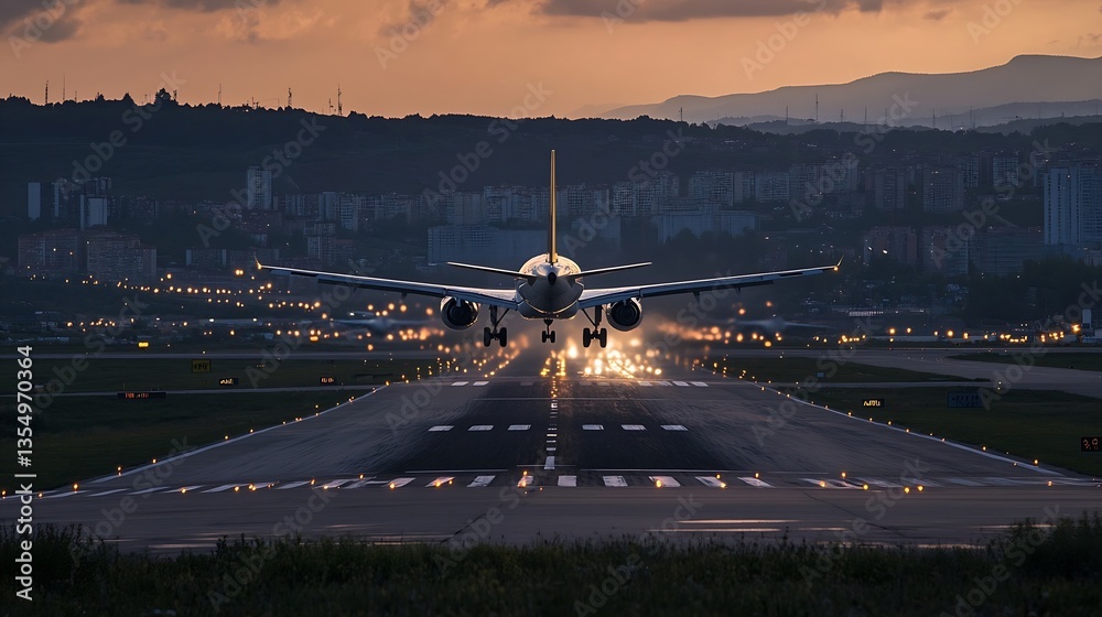 Poster Airplane landing at sunset on a runway with city lights shining in the background creating a dramatic scene : Generative AI