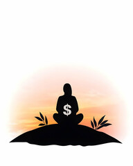 Silhouette meditating, holding dollar sign at sunset