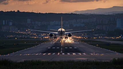 Airplane landing at sunset on a runway with city lights shining in the background creating a dramatic scene : Generative AI