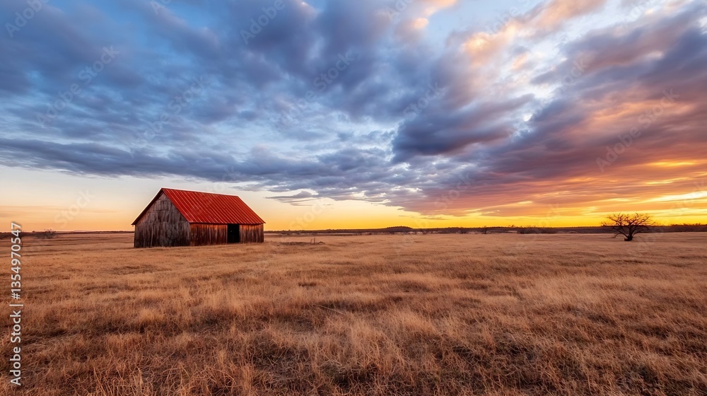 Poster Rustic wooden barn with a red roof surrounded by golden fields under a colorful sky : Generative AI