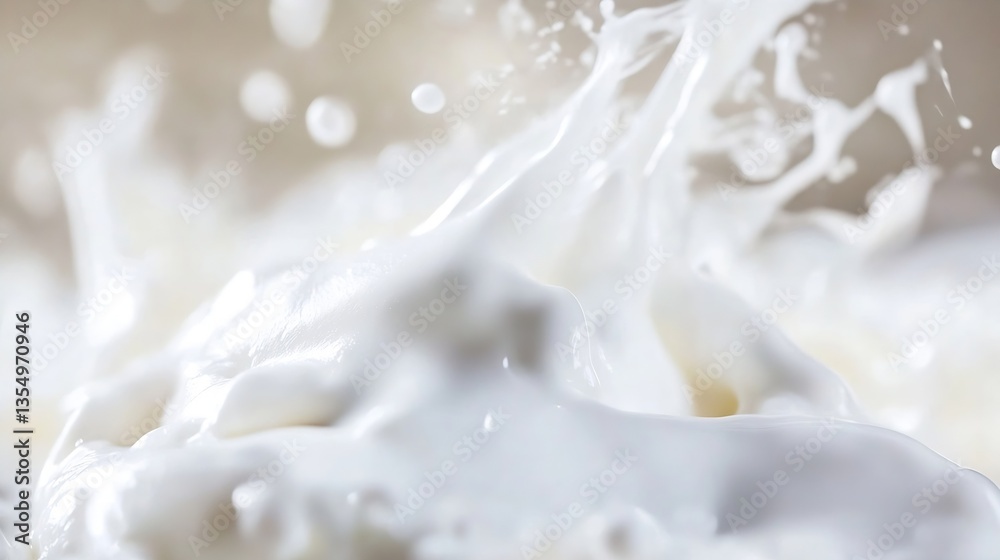 Poster Close up of splashing milk creating dynamic droplets in motion representing freshness and richness in food : Generative AI