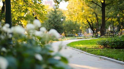 Obraz premium Charming park pathway embraced by sunlight filtering through lush greenery inviting relaxation : Generative AI