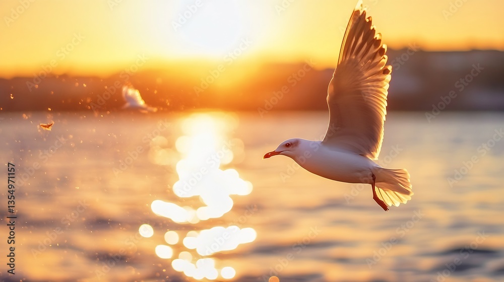 Poster graceful seagull gliding above sparkling water at sunset reflecting a warm glow : generative ai