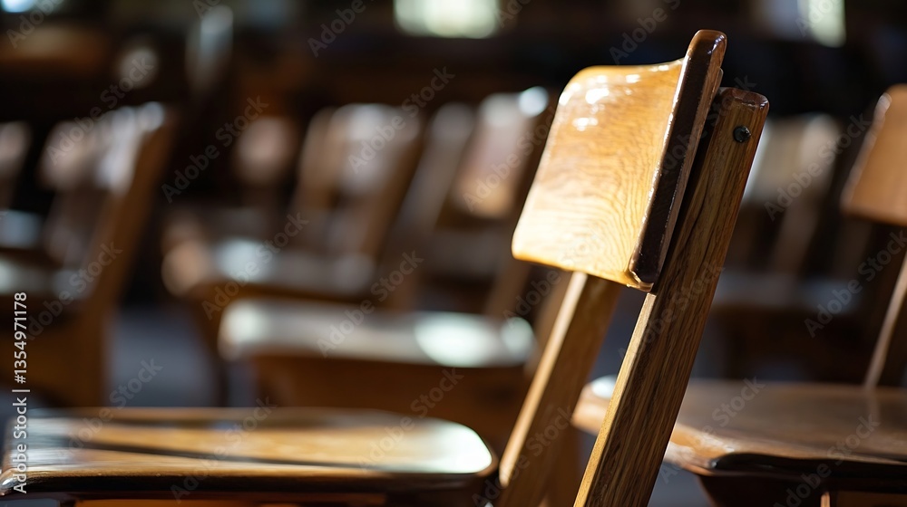 Aufkleber wooden chairs arranged in an empty hall with soft morning light illuminating the scene : generative 