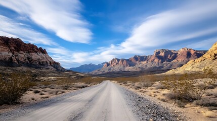 Scenic dirt road winding through rocky mountains under a bright blue sky and fluffy clouds : Generative AI