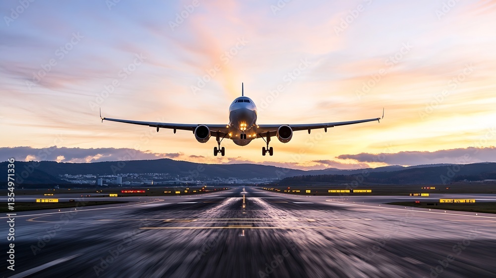 Poster an airplane landing at sunset with a beautiful sky and runway lighting highlighting its descent : ge