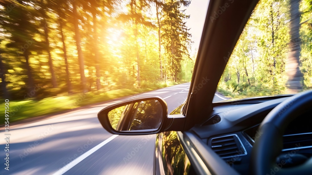 Aufkleber Dynamic Driving Experience on a Scenic Forest Road with Sunlight Streaming Through the Trees : Generative AI