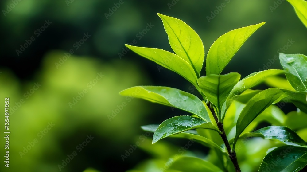Aufkleber Fresh Green Leaves in a Lush Natural Setting with Soft Background for Nature Lovers : Generative AI
