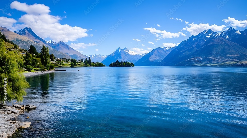 Poster serene lake view surrounded by majestic mountains under clear blue skies with soft clouds : generati