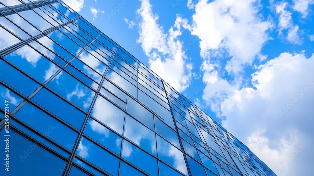 Poster modern glass facade of a skyscraper reflecting a bright blue sky with fluffy clouds : generative ai