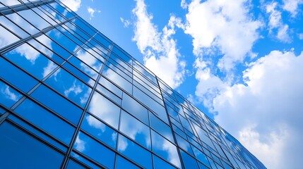 Obraz premium Modern Glass Facade of a Skyscraper Reflecting a Bright Blue Sky with Fluffy Clouds : Generative AI