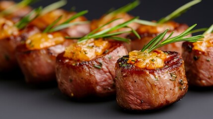A close up of a plate of food with a sprig of rosemary