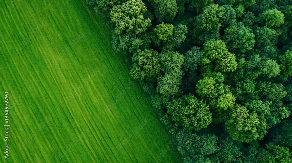 Poster Lush green landscape overhead view capturing vibrant trees and neatly lined fields in nature : Generative AI
