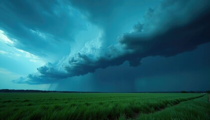 Powerful thunderstorm clouds roll in over a field with heavy rainfall, downpour, thunderstorm